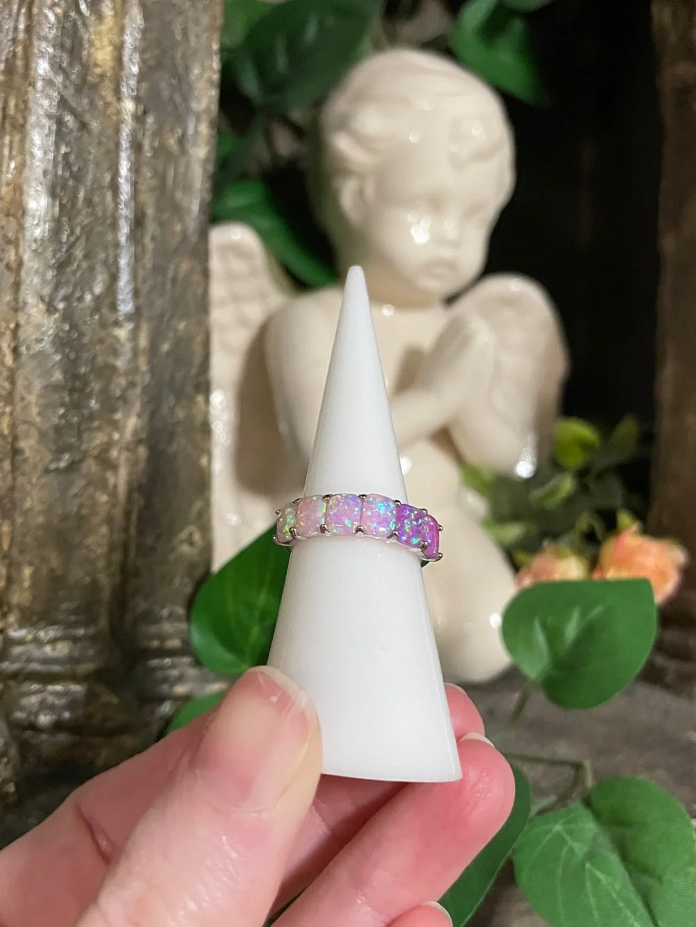 Iridescent Pink & Green Opal-Effect Eternity Ring - Women Jewelry